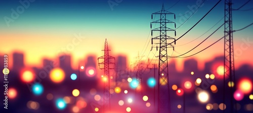 Urban Sunset Glow Silhouetted Powerlines Against a Vibrant Evening Sky in a Bustling Cityscape