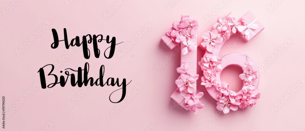 Naklejka premium Happy 16th Birthday Pink Floral Number Sixteen Celebration