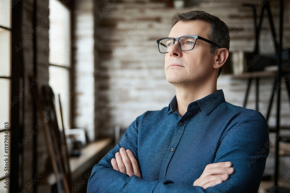 Indian businessman in casual attire reflecting on work challenges in modern office environment Indian businessman in casual attire reflecting on work challenges in modern office environment