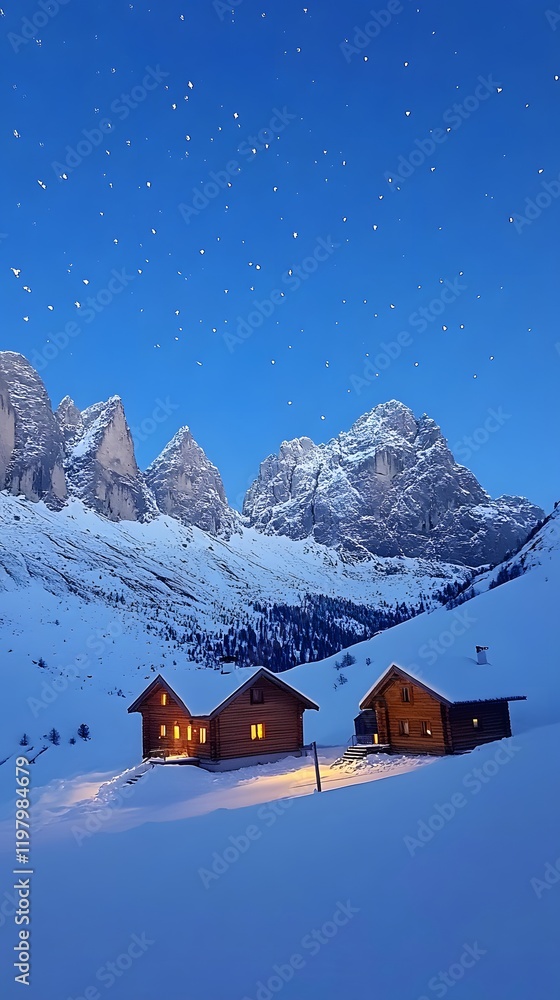 Fototapeta premium Mountain cabins in snowy valley 
