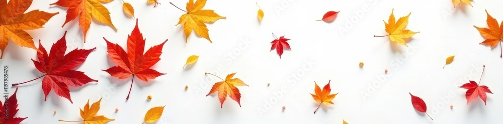 Autumn leaves scattered on a blank white background in vibrant colors, empty, autumn, leaves Autumn leaves scattered on a blank white background in vibrant colors, empty, autumn, leaves