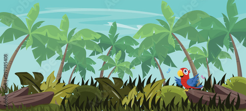 Vector illustration of a tropical landscape with palm trees. Cartoon scene of tall palm trees with thin trunks, plants, leaves, bushes, grass, stones, bright parrot, pink and blue butterflies, sky.