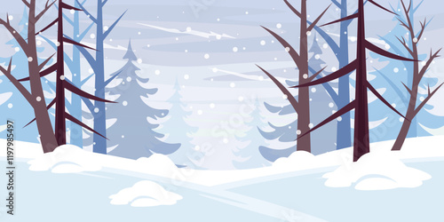 Vector illustration of a cute winter landscape. Cartoon scene of snowfall, plains covered with snow drifts, trees with trunks and bare branches, fir trees. Snowy forest background. Falling snowflakes.