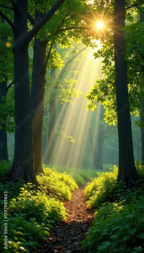 Obraz premium Bucolic scene with sunlit forest glade and trees radiating light through leaves, greenery, sunlight, woodland