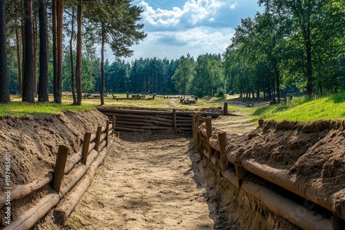 Trenches utilized during World War II on occupied battlefields primarily consisted of dugouts that offered substantial protection to troops from enemy fire and artillery barrages. photo