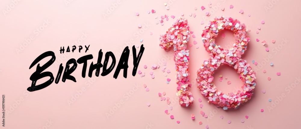 Naklejka premium Happy 18th Birthday Celebration: Pink Confetti Number Eighteen on Pink Background