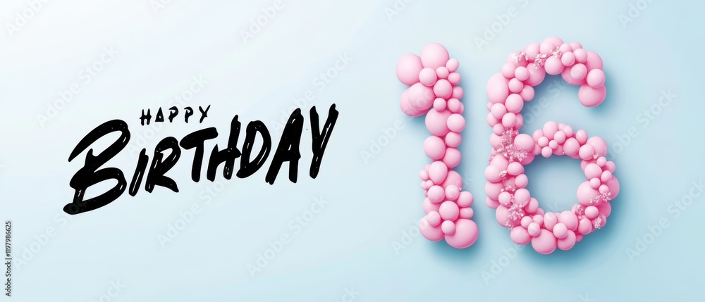 Naklejka premium Happy 16th Birthday Celebration: Pink Balloon Number Design