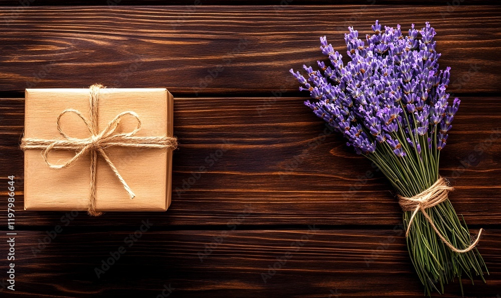 Fototapeta premium Rustic gift box and lavender bouquet on wood.