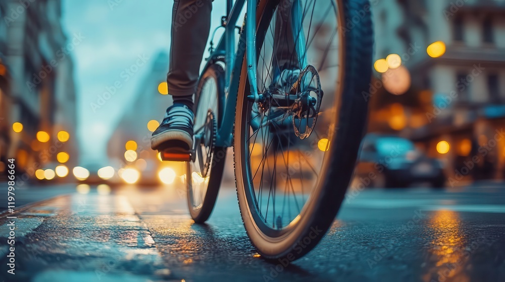 Bicycle on city street, close-up of bike pedals and tires, vibrant urban environment in motion Bicycle on city street, close-up of bike pedals and tires, vibrant urban environment in motion