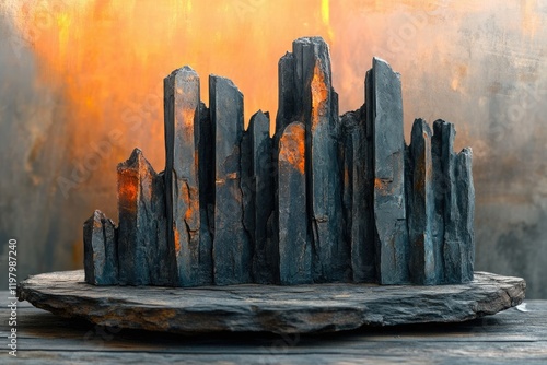 Abstract stone sculpture resembling a cityscape, set against a fiery orange backdrop.