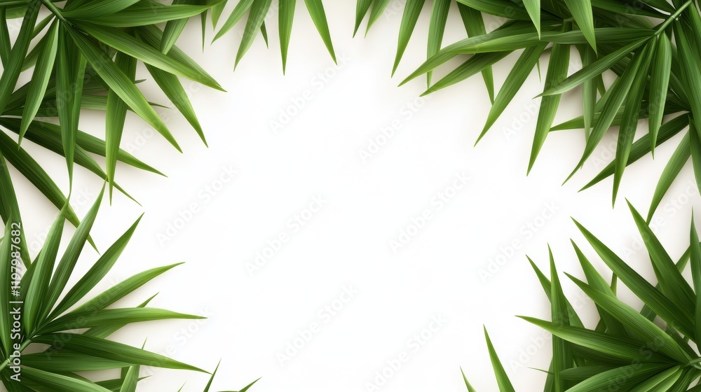 Fototapeta premium Green Bamboo Leaves Frame on a White Background for Nature Themes