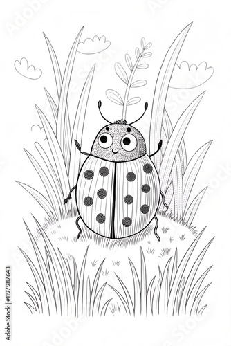 A cute tortoise beetle on a grassy patch, with its shell patterned in black lines, drawn as an outline sketch, only black lines, no colors, simple and clean for a children's coloring book. photo