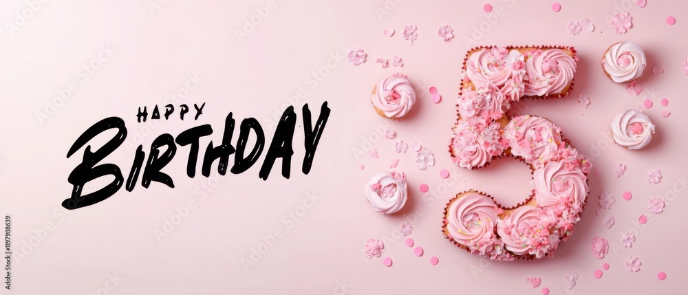 Naklejka premium Happy 5th Birthday Cake Number Shaped Cupcakes Pink Background