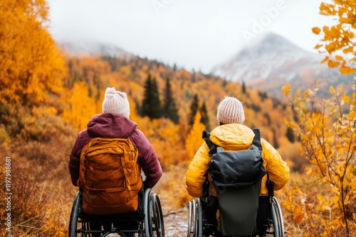 A wheelchair user hiking on an accessible nature trail, with adaptive gear and a supportive friend beside them