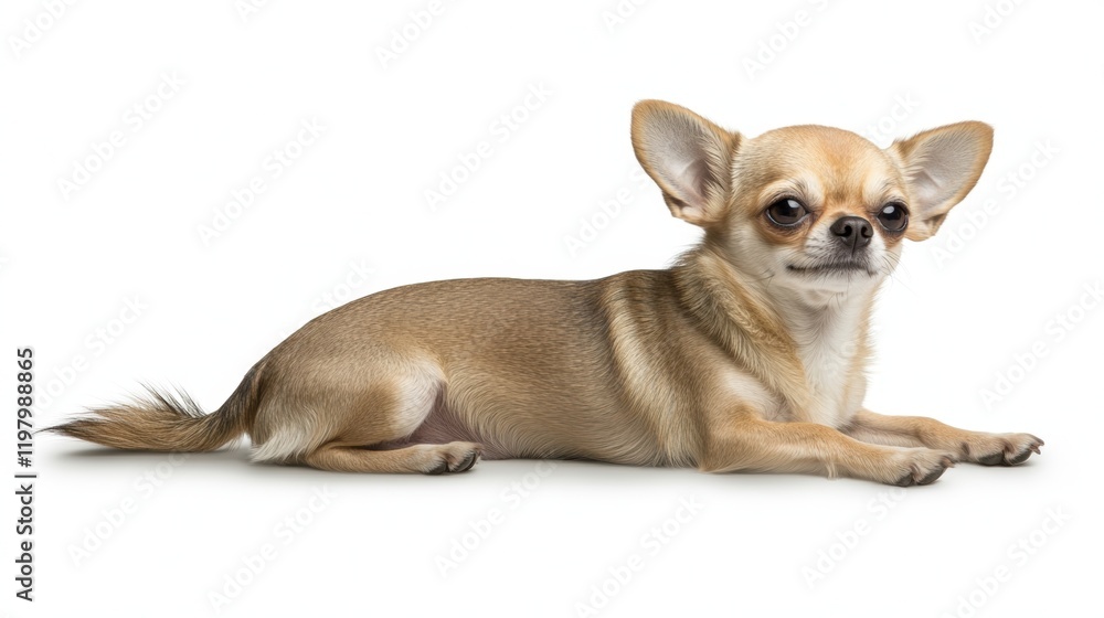 Charming Chihuahua Lying Pose on White Background in Studio Setting Charming Chihuahua Lying Pose on White Background in Studio Setting