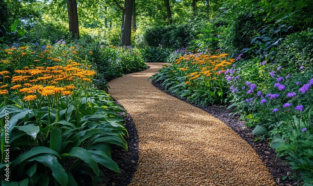 Winding garden path, summer flowers, tranquil scene, nature escape, landscape design