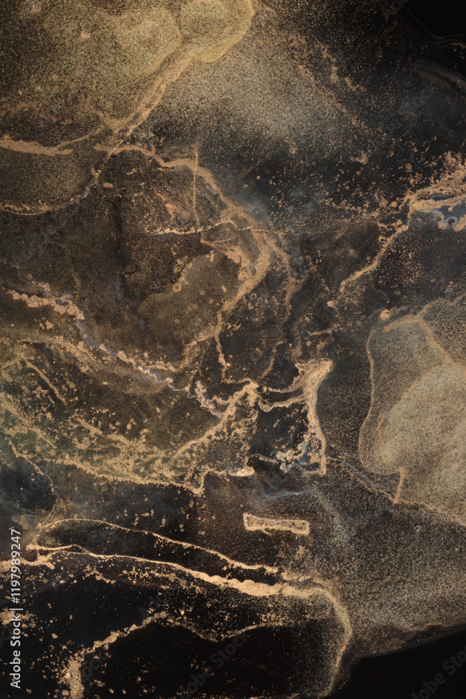 Naklejka premium Glow gold bronze glitter grain texture painting dot blot. Abstract lighting stain on black background.