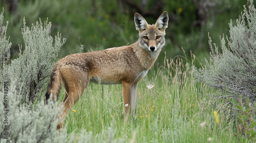 Photo of a wild coyote standing in a grassy field with sagebrush. Photo of a wild coyote standing in a grassy field with sagebrush.
