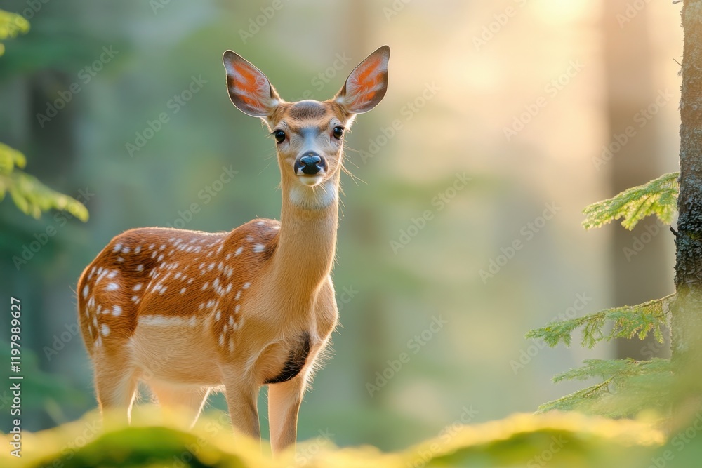 Wild deer stands gracefully on a mossy path in a foggy forest during sunrise with soft light filtering through the trees Wild deer stands gracefully on a mossy path in a foggy forest during sunrise with soft light filtering through the trees