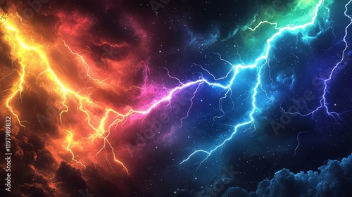 Vivid Colorful Lightning Bolts on a Cloudy Night Sky, Energy and Utilities Background.
