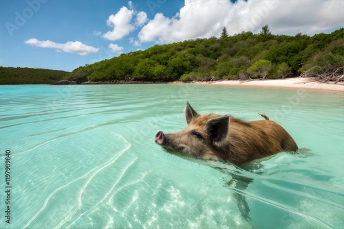 Wild, swiming pig on Big Majors Cay in The Bahamas photo