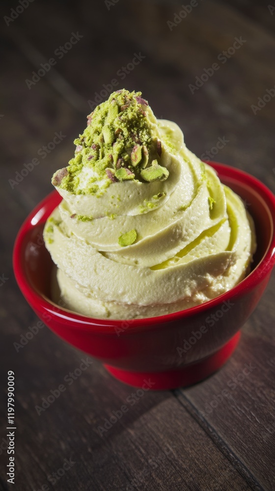 A Captivating Display of Pistachio Ice Cream, Exquisitely Presented in a Vibrant Red Bowl A Captivating Display of Pistachio Ice Cream, Exquisitely Presented in a Vibrant Red Bowl