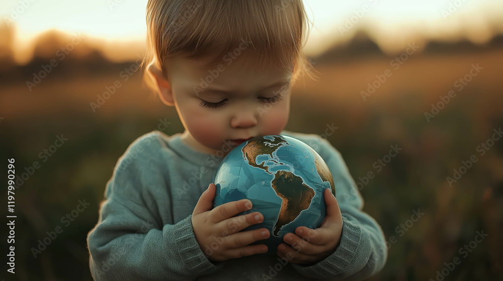 Toddler holding a globe in a serene outdoor setting at sunset, evoking themes of innocence, hope, and care for the future, concept holiday day of earth Toddler holding a globe in a serene outdoor setting at sunset, evoking themes of innocence, hope, and care for the future, concept holiday day of earth