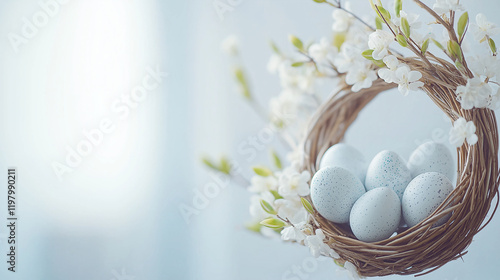 Nest with light blue Easter eggs and blooming spring branches on a soft blue background. Easter celebration and springtime holidays concept. Image for greeting cards, invitations, banners, and postcar photo