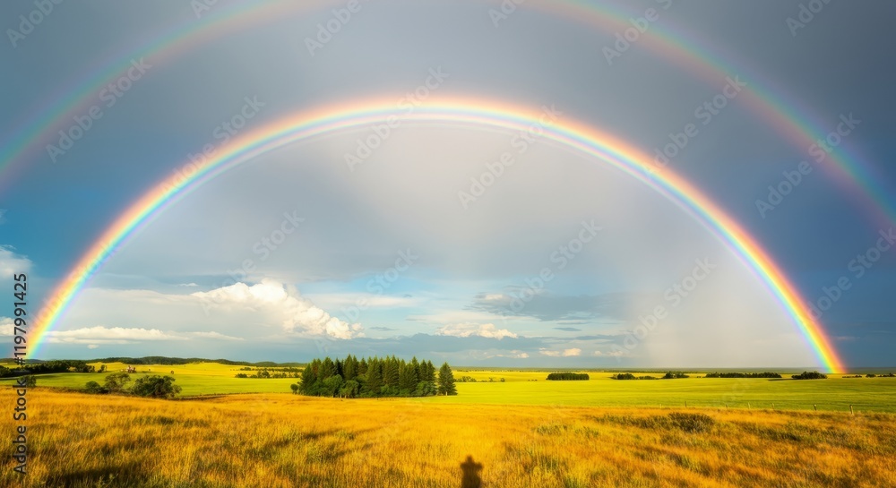 Rainbow is in the sky above a field Rainbow is in the sky above a field