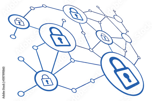 Network security, interconnected locks, digital protection, blue and white minimalist design, cybersecurity concept, abstract network nodes, padlock icons, technological safeguard visualization, clean