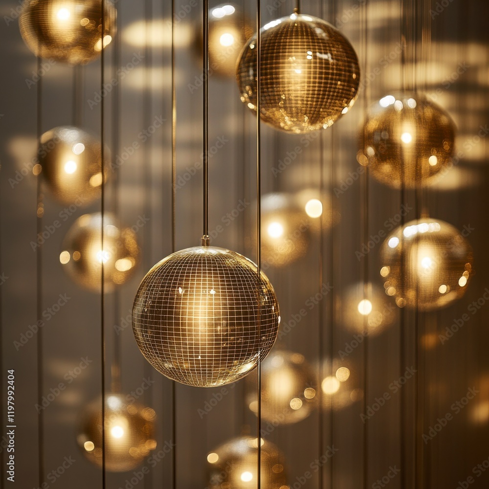 Obraz premium Reflective spheres suspended in a grid pattern in gold, sleek and dynamic --v 6.1 Job ID: 8741ac78-c86f-4372-a6cd-f2acc3379632