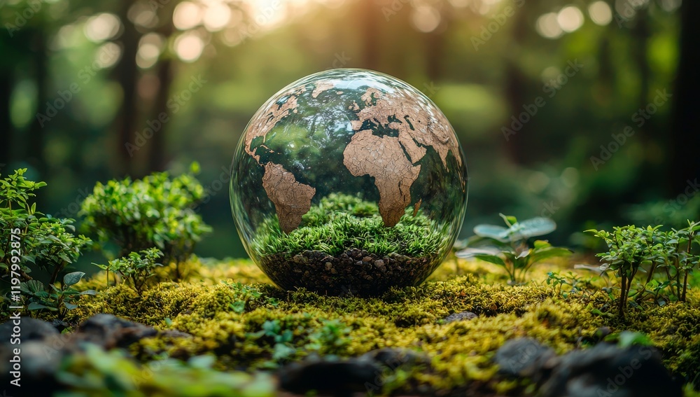 A Green Earth: The Meaning of a Lush Globe with Continents on a Softly Focused Natural Background. Earth Day Theme. Stock Photo A Green Earth: The Meaning of a Lush Globe with Continents on a Softly Focused Natural Background. Earth Day Theme. Stock Photo