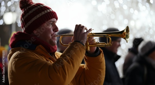 Man in a red hat and a yellow jacket playing a trumpet photo