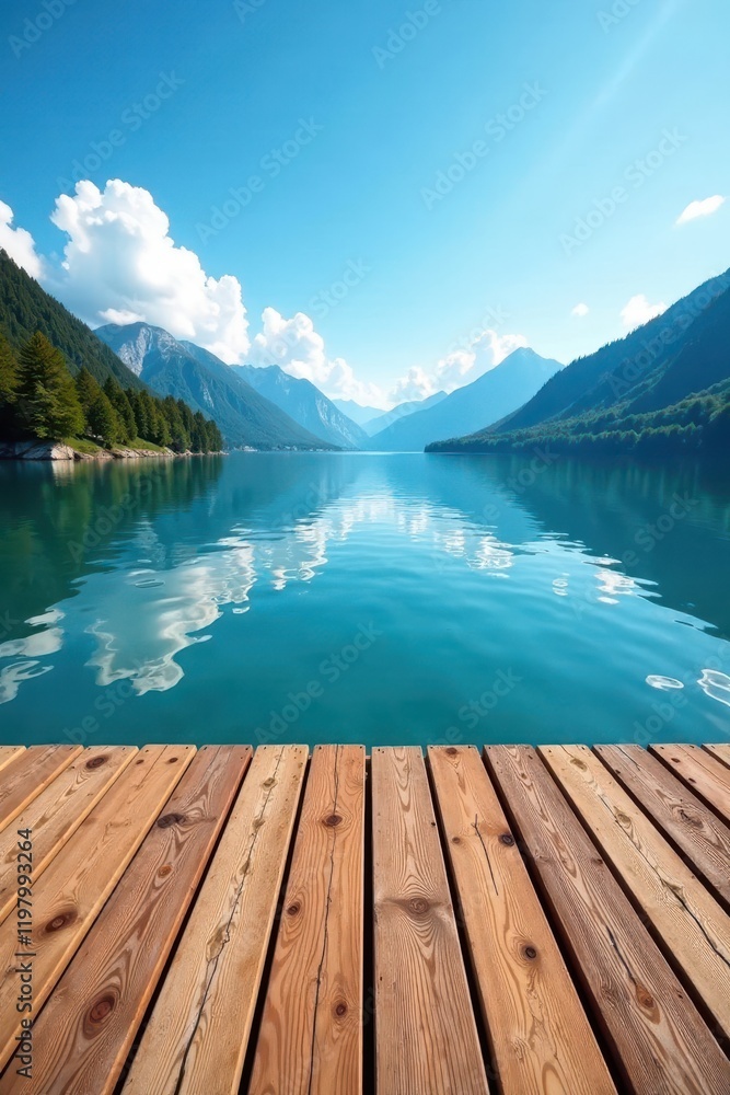 Obraz premium Rustic wood deck overlooking serene lake, blue sky, blue sky, pier, boardwalk