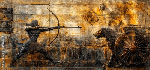 An ancient Mesopotamian work of art, featuring a relief of lions and warriors.