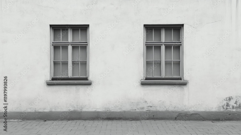 Fototapeta premium Two identical windows on a weathered, light gray wall.