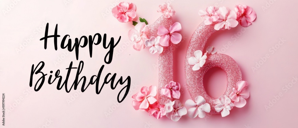Naklejka premium Happy 16th Birthday Pink Glitter Number with Flowers Stock Photo