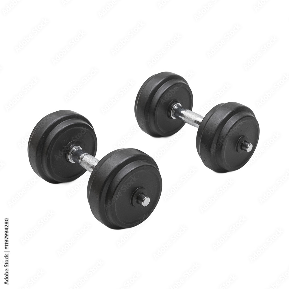 Pair of sleek dumbbells with rubber grips on gray surface Pair of sleek dumbbells with rubber grips on gray surface