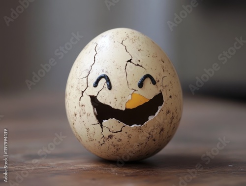 A cracked egg with a smiling face drawn on it sits on a wooden surface. photo