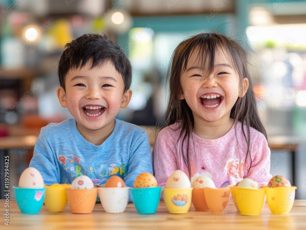 Egg-hunt champions hop here. Two children joyfully colorful Easter eggs, in the class room Egg-hunt champions hop here. Two children joyfully colorful Easter eggs, in the class room