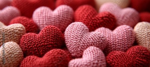 Close Up, Pink And Red Knitted Heart Shapes, Romantic, Love, Valentine s Day Background. photo