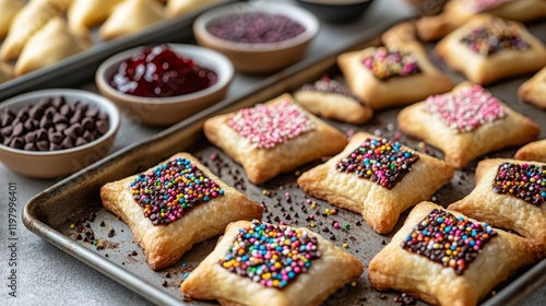 Freshly baked hamantaschen cookies being decorated with colorful icing, sprinkles, jam fillings cookies are arranged on a baking tray, with small bowls of various toppings like sprinkles chocolate photo