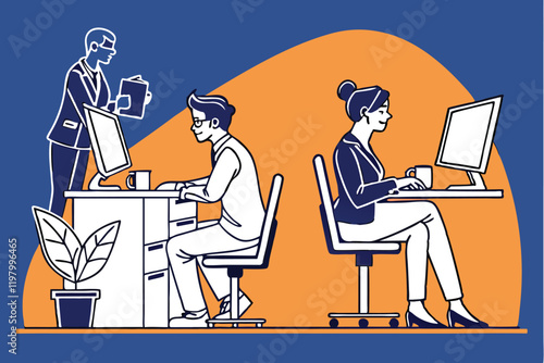 office workers, computer desk, teamwork, flat illustration, minimalist design, blue background, orange accent, business attire, profile view, swivel chairs, coffee mug, computer screen, digital worksp