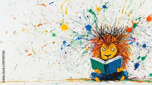   Lion reading book with paint splatters photo