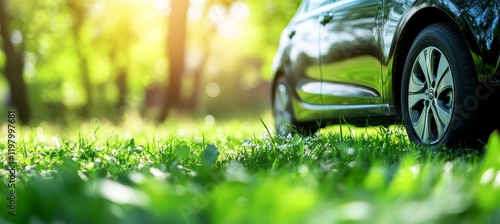 Fototapeta Naklejka Na Ścianę i Meble -  Clean Car Parked on Grass, Ideal for Eco-Friendly Automotive Advertising or Environmental Campaign