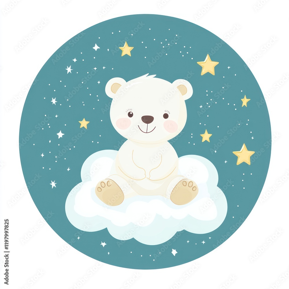 White bear sits on a cloud under a star-filled sky, illustration, use in children?s material White bear sits on a cloud under a star-filled sky, illustration, use in children?s material
