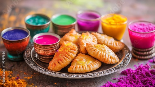 Traditional Holi feast table, featuring gujiya and colorful glasses of thandai and other festive drinks gujiya is beautifully arranged on a traditional silver platter, with bright, colorful powders photo