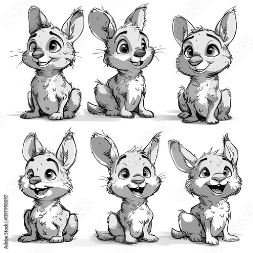 Six Cute Cartoon Bunny Poses, White Background, Illustration Sheet, Character Design photo