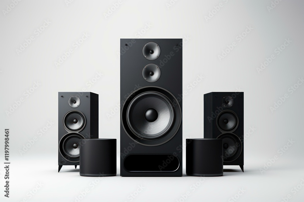 High quality audio system components arranged for optimal sound projection, promising a rich and immersive listening experience High quality audio system components arranged for optimal sound projection, promising a rich and immersive listening experience