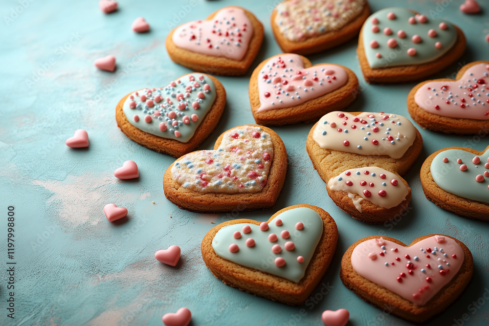 Set of isolated heart-shaped cookies with icing, scattered on a pastel background. Bright lighting, contrast with copy space for text Set of isolated heart-shaped cookies with icing, scattered on a pastel background. Bright lighting, contrast with copy space for text